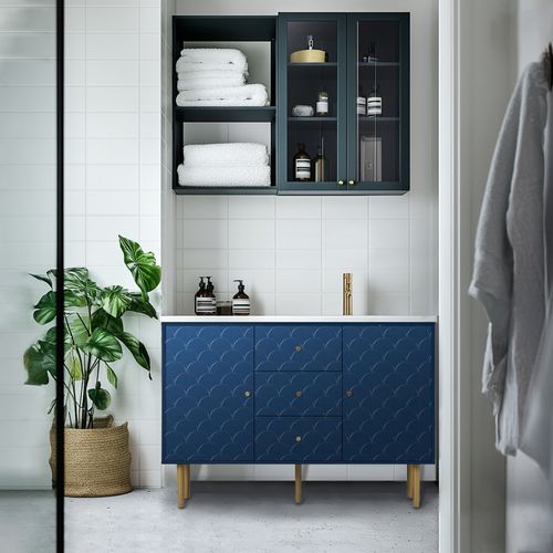Meuble De Salle De Bain Bleu Marine Avec Motif Écailles Et Pieds Dorés Étagère Réglable