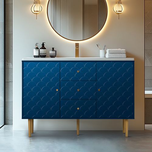 Meuble De Salle De Bain Bleu Marine Avec Motif Écailles Et Pieds Dorés Étagère Réglable