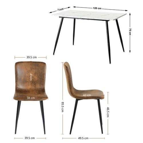 Ensemble Table Blanche Effet Marbre Et 4 Chaises Scandinaves Rétros Marrons