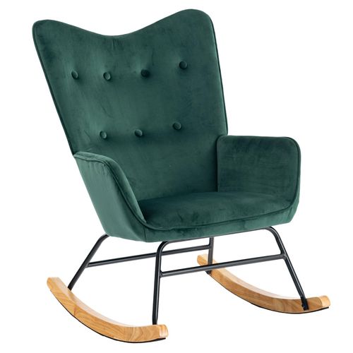 Fauteuil à Bascule Scandinave Velours Vert Pieds En Bois Clair