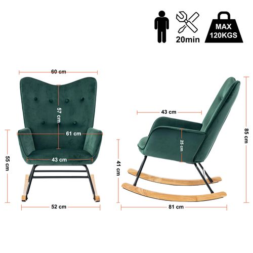 Fauteuil à Bascule Scandinave Velours Vert Pieds En Bois Clair