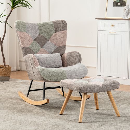 Fauteuil à Bascule Patchwork Gris Clair Avec 1 Repose-pieds Et 1 Coussin Lombaire