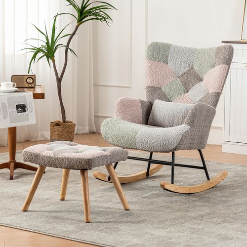 Fauteuil à Bascule Patchwork Gris Clair Avec 1 Repose-pieds Et 1 Coussin Lombaire