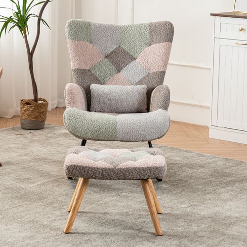 Fauteuil à Bascule Patchwork Gris Clair Avec 1 Repose-pieds Et 1 Coussin Lombaire