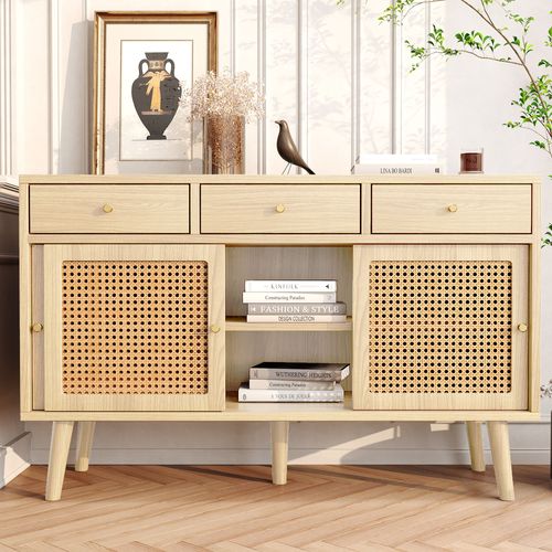Buffet Style Naturelle Avec 3 Tiroirs Et 3 Portes Coulissantes Tissage Rotin
