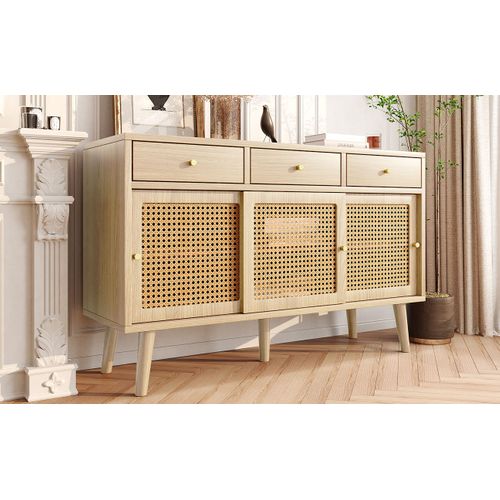Buffet Style Naturelle Avec 3 Tiroirs Et 3 Portes Coulissantes Tissage Rotin
