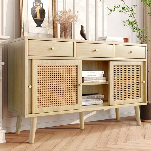 Buffet Style Naturelle Avec 3 Tiroirs Et 3 Portes Coulissantes Tissage Rotin