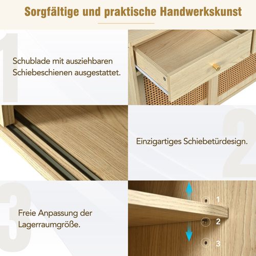 Buffet Style Naturelle Avec 3 Tiroirs Et 3 Portes Coulissantes Tissage Rotin