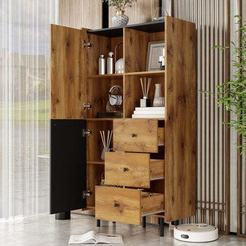 Buffet Haut Moderne Effet Bois Avec Deux Portes, Trois Tiroirs Et Étagères Ouvertes