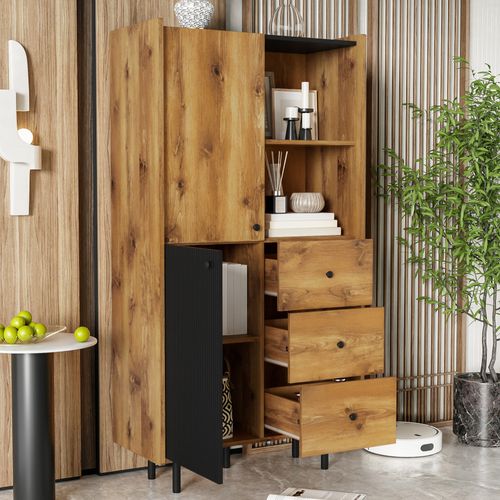 Buffet Haut Moderne Effet Bois Avec Deux Portes, Trois Tiroirs Et Étagères Ouvertes