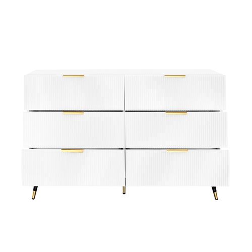 Commode Élégant Blanc Design Moderne, 6 Tiroirs Poignets Et Point De Pieds Dorés 120*40*77cm