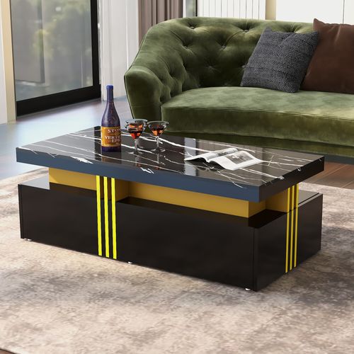 Table Basse Rectangulaire Effet Marbre Noir Brillant Avec 2 Tiroirs