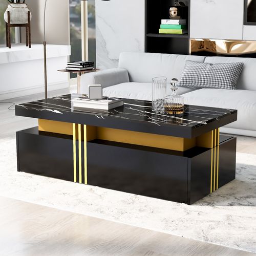 Table Basse Rectangulaire Effet Marbre Noir Brillant Avec 2 Tiroirs