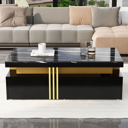 Table Basse Rectangulaire Effet Marbre Noir Brillant Avec 2 Tiroirs
