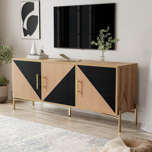 Meuble TV Effet Bois Et Noir Dessin Géométrique Poignées