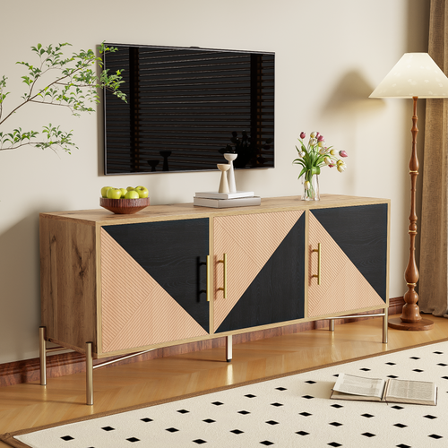 Meuble TV Effet Bois Et Noir Dessin Géométrique Poignées