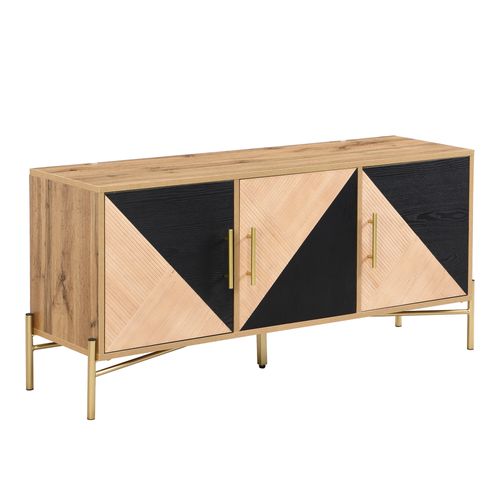 Meuble TV Effet Bois Et Noir Dessin Géométrique Poignées