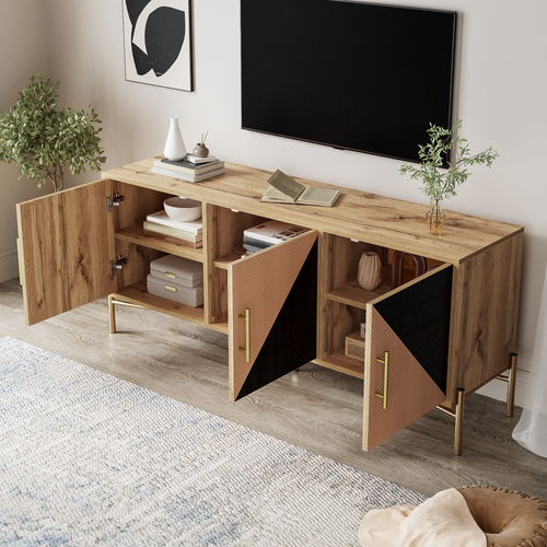 Meuble TV Effet Bois Et Noir Dessin Géométrique Poignées