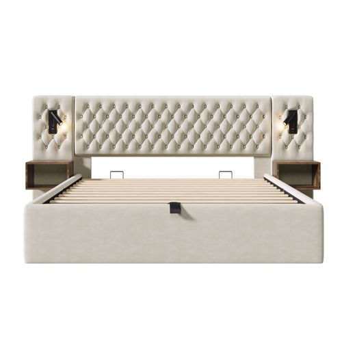 Ensemble Lit Coffre Double 180x200 Cm Capitonné Velours - Beige