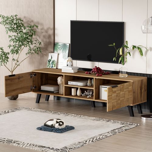 Meuble TV Moderne Effet Bois Avec 2 Portes Et 2 Compartiments Ouverts