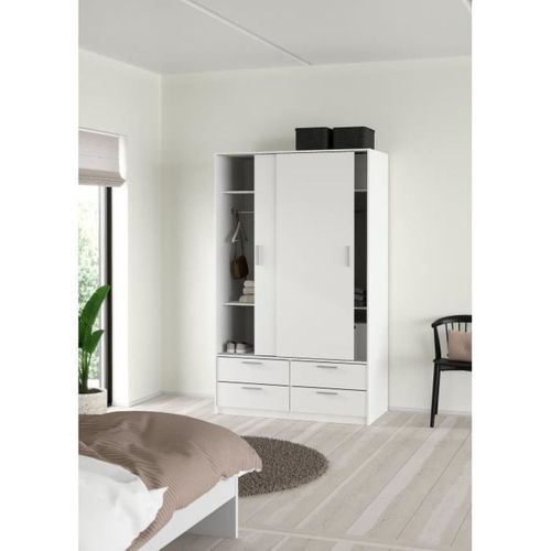 Armoire - Blanc Mat - 2 Portes Coulissantes - 4 Tiroirs - L121,2 X P60,25 X H200 Cm - Ontario