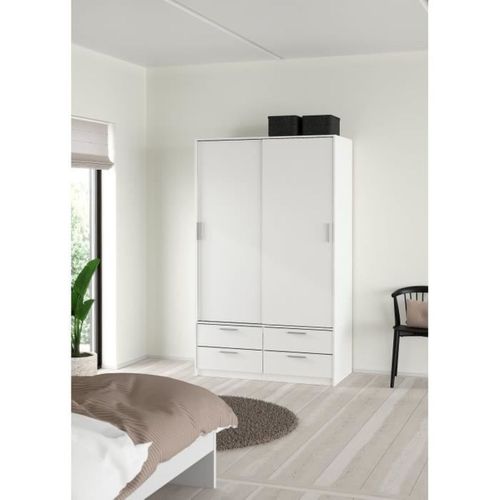 Armoire - Blanc Mat - 2 Portes Coulissantes - 4 Tiroirs - L121,2 X P60,25 X H200 Cm - Ontario