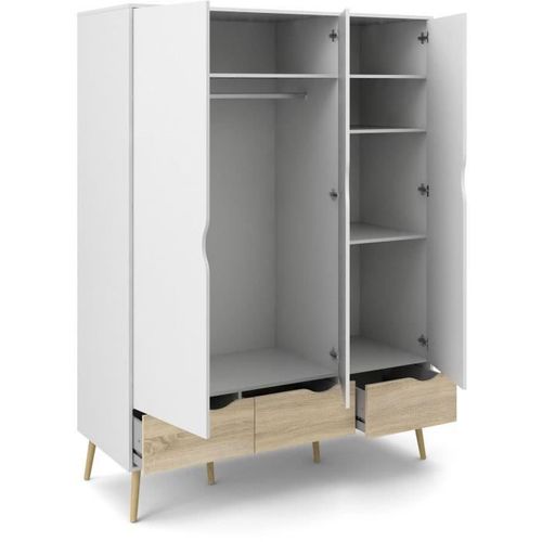 Armoire - Blanc/chêne - 3 Portes / 3 Tiroirs - Piètement Évasé En Bois Massif - 147,2x58,1x200,1 Aro