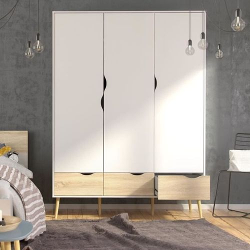Armoire - Blanc/chêne - 3 Portes / 3 Tiroirs - Piètement Évasé En Bois Massif - 147,2x58,1x200,1 Aro