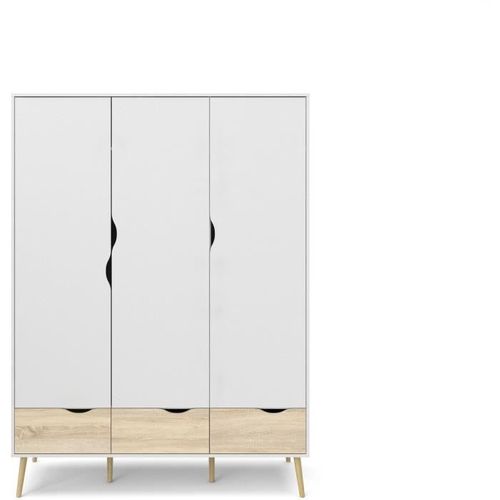 Armoire - Blanc/chêne - 3 Portes / 3 Tiroirs - Piètement Évasé En Bois Massif - 147,2x58,1x200,1 Aro