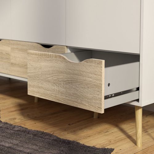 Armoire - Blanc/chêne - 3 Portes / 3 Tiroirs - Piètement Évasé En Bois Massif - 147,2x58,1x200,1 Aro