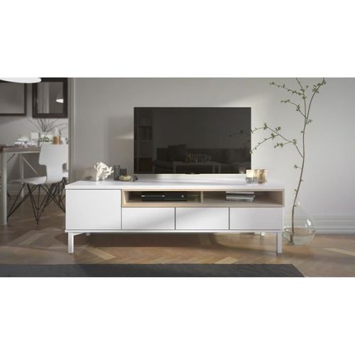 Meuble TV 1 Portes 3 Tiroirs - Blanc Mat Et Décor Chene - L 155,7 X P 48,3 X H 48,2 Cm - Viborg