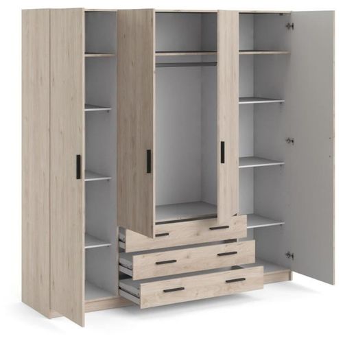 Armoire Vega - Décor Chene Jackson - 4 Portes + 3 Tiroirs - L 195,5 X P 49,6 X H 200,4 Cm