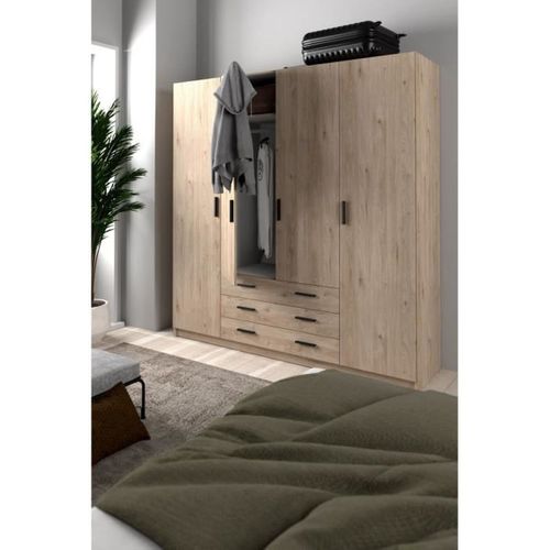 Armoire Vega - Décor Chene Jackson - 4 Portes + 3 Tiroirs - L 195,5 X P 49,6 X H 200,4 Cm