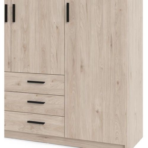 Armoire Vega - Décor Chene Jackson - 4 Portes + 3 Tiroirs - L 195,5 X P 49,6 X H 200,4 Cm