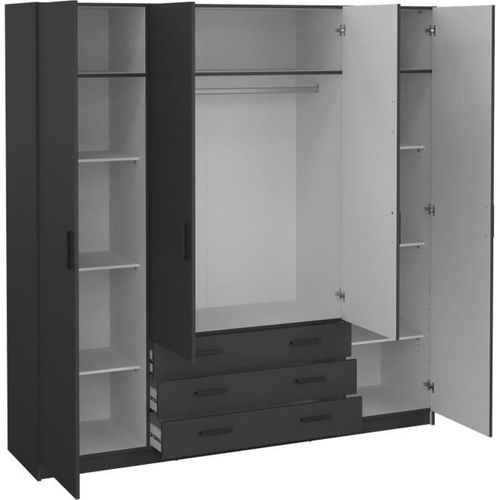 Armoire - Décor Gris Anthracite - 4 Portes + 3 Tiroirs - L 195,5 X P 49,6 X H 200,4 Cm