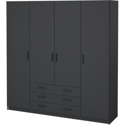 Armoire - Décor Gris Anthracite - 4 Portes + 3 Tiroirs - L 195,5 X P 49,6 X H 200,4 Cm