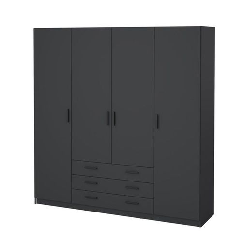 Armoire - Décor Gris Anthracite - 4 Portes + 3 Tiroirs - L 195,5 X P 49,6 X H 200,4 Cm