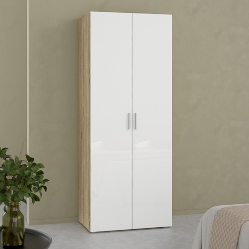 Armoire 2 Portes Décor Chêne Et Blanc Brillant H200,9 Cm