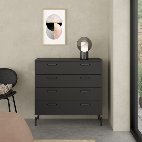 Commode 4 Tiroirs Noir Mat Avec Piètement Métallique H95,8 Cm