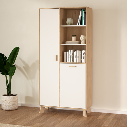 Vitrine 2 Portes, 3 Niches Décor Chêne Et Blanc H188,2 Cm