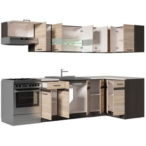 Junona Cuisine D'angle Complete Et Plan De Travail L 3m40 - Angle Réversible - Décor Chene Sonoma