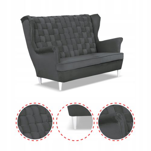Canapé 2 Places Carol, Gris Graphite, Style Scandinave, à Oreilles, Suspension à Ressorts