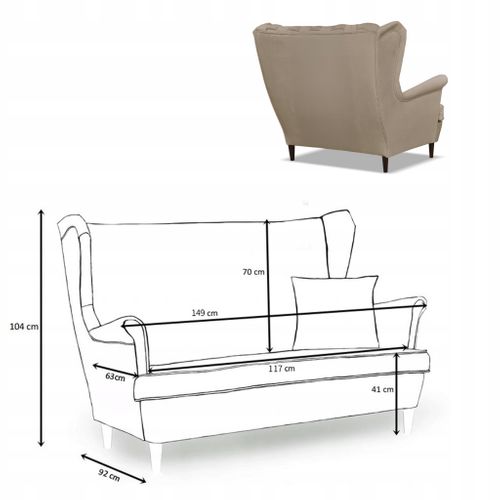 Canapé Scandinave 2 Places Carol, Modèle à Oreilles, Beige, à Ressorts