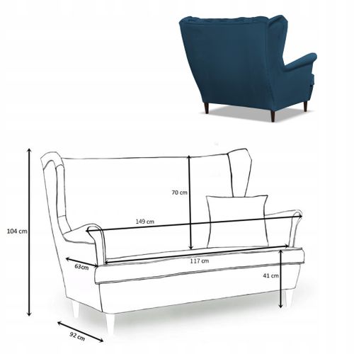 Canapé Scandinave «carol», 2 Places, Bleu Marine, à Oreilles, Assise à Ressorts