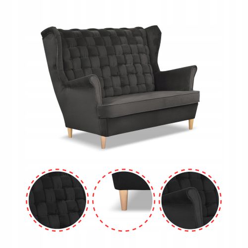 Canapé à Oreilles 2 Places Carol En Graphite, Style Scandinave, Suspension à Ressorts