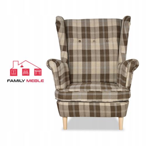 Fauteuil à Oreilles Winston, Style Scandinave, Motif à Carreaux Brun Et Beige