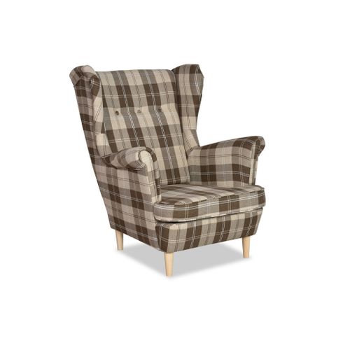 Fauteuil à Oreilles Winston, Style Scandinave, Motif à Carreaux Brun Et Beige