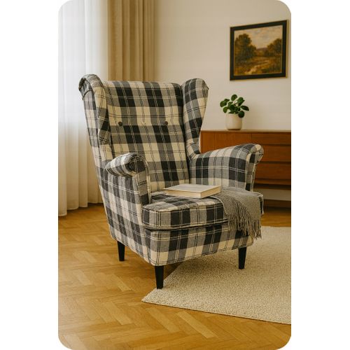 Fauteuil à Oreilles Winston — Design Scandinave De Revêtement à Carreaux Bleu Marine Et Blanc