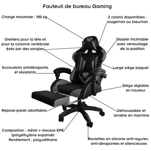 Fauteuil De Bureau Siège Gaming Dossier Inclinable Avec Repose-pieds Rouge