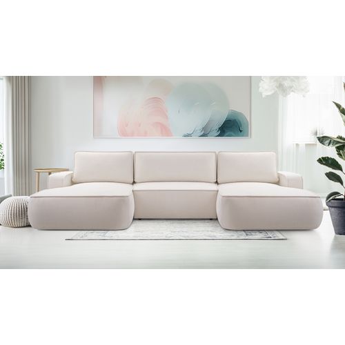 Canapé Panoramique En Tissu Crème Ablia U 364/168/87 Cm - Avec Coffre Et Fonction Lit